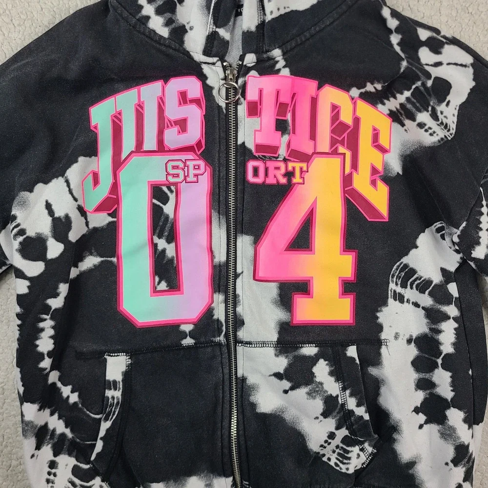 Justice Sport Girls Black White Tie Dye Zip Up Hoodie Neon Graphic Sweatshirt